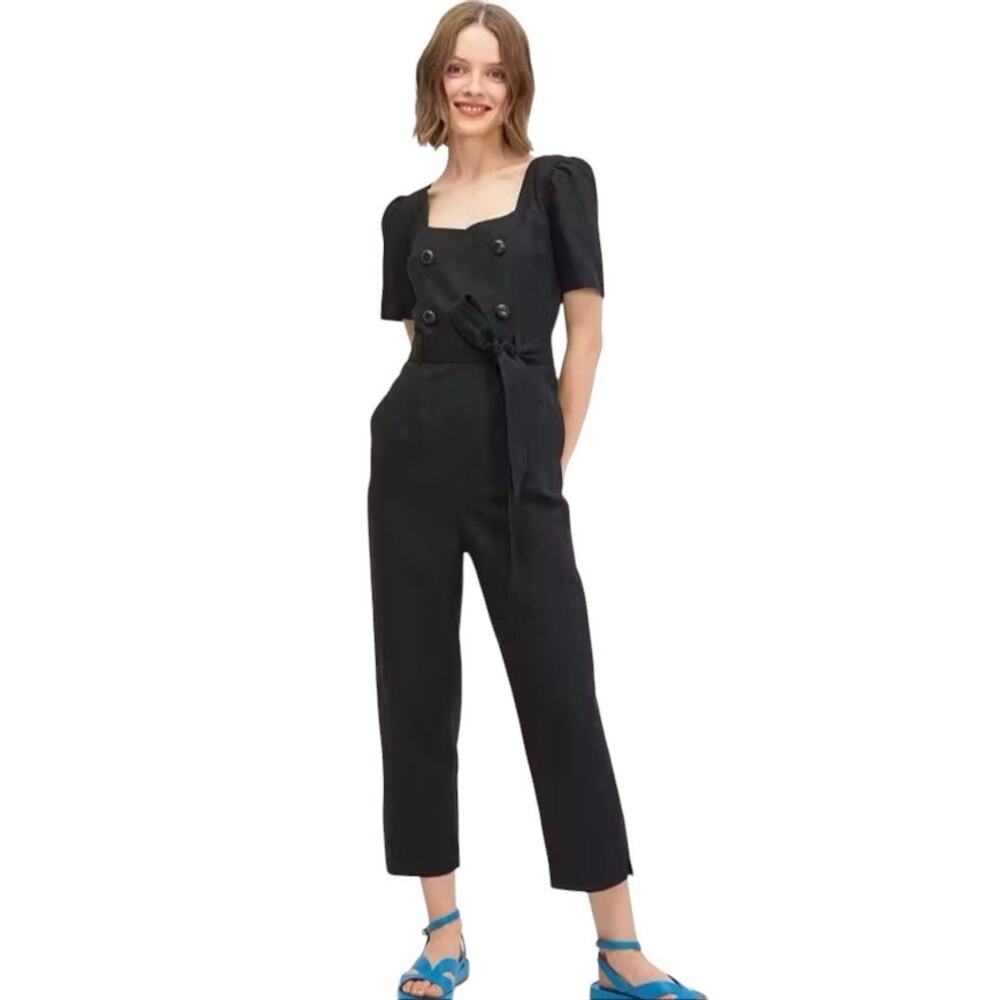 Kate Spade Black Linen Blend Short Sleeve Cropped Jumpsuit Size 6